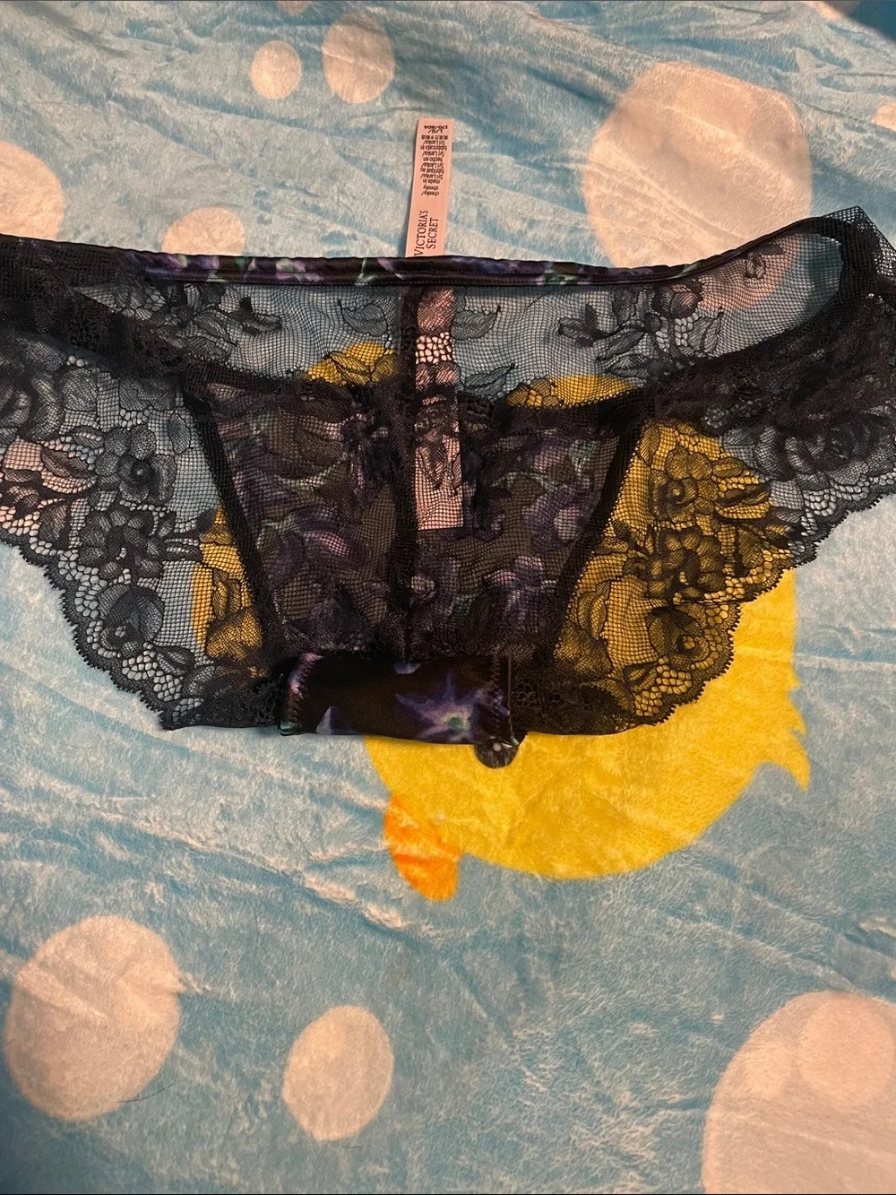 Victoria's Secret Black Floral Satin & Navy Lace Bikini Panty